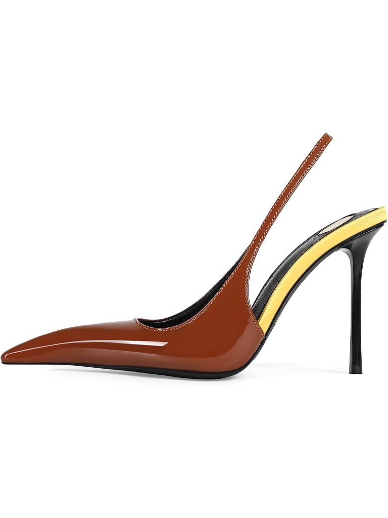 Women's Brown Patent Leather Pointed Close Toe Stiletto High Heels Backless